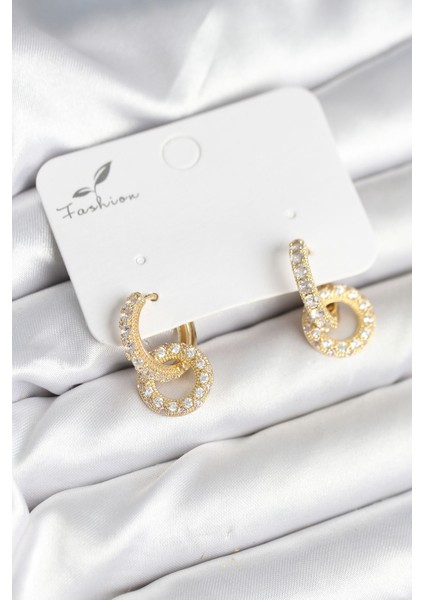 Gold Renk Pirinç Zirkon Taşlı Halka Model Kadın Küpe - Lisinya