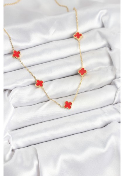 316L Çelik Zincir Gold Renk Kırmızı Baby Boy Yonca Kadın Kolye - Lisinya fiyatları