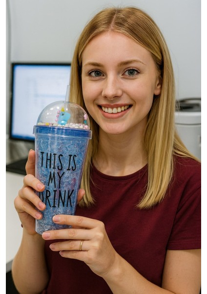 Sevimli Renkli Boncuklu Çılgın This Is My Drink tasarım Pipetli Içecek Bardağı Suluk Lacivert 2742