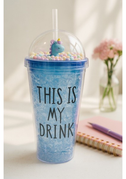 Sevimli Renkli Boncuklu Çılgın This Is My Drink tasarım Pipetli Içecek Bardağı Suluk Lacivert 2742 fiyatları