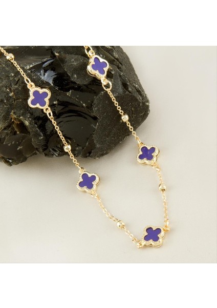 Resveq Çiçek Mineli Yeni Sezon Zincir Kolye 45 Cm-Mor