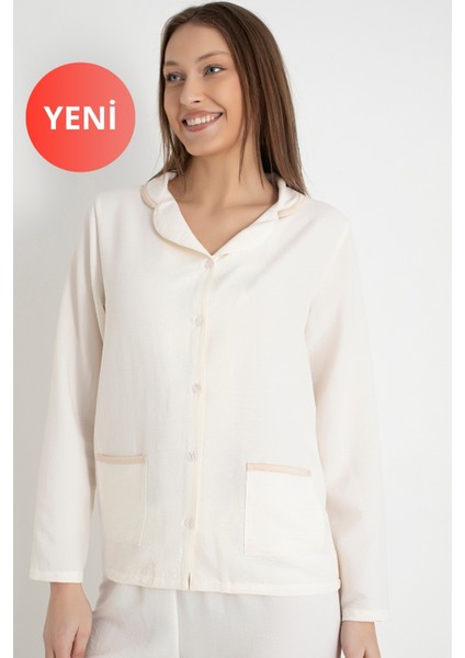 Kadın Ekru Aerobin Saten Biyeli Pijama Takımı – Gömlek Yaka, Çift Cepli, Kışlık