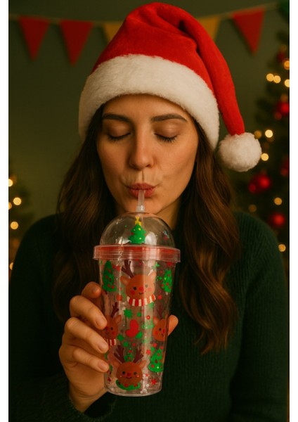 Sevimli Geyikli Kar tanesi Noel Ağacı Desenli Süslemeli Renkli Pipetli Kupa bardak SULUK 450ML 2768C