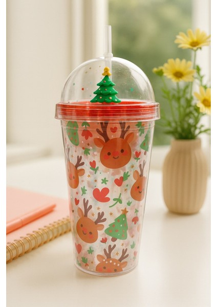 Sevimli Geyikli Kar tanesi Noel Ağacı Desenli Süslemeli Renkli Pipetli Kupa bardak SULUK 450ML 2768C fırsatları