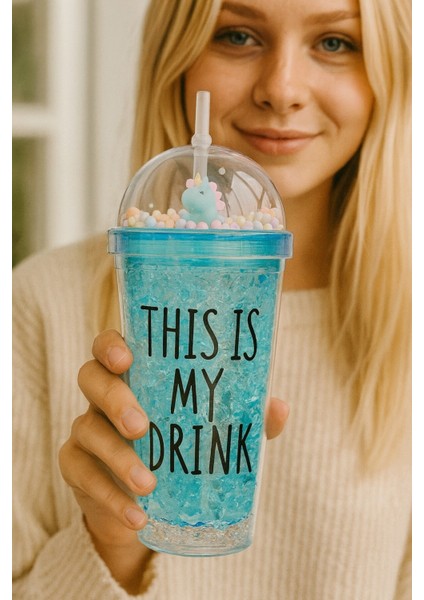Sevimli Renkli Boncuklu Cool Çılgın This Is My Drink Tasarım Pipetli Içecek Bardağı Suluk Mavi 2742