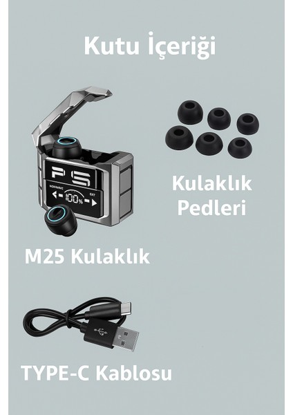 M25 Kablosuz Kulakiçi 5.3 Bluetooth Oyuncu Kulaklık LED Işık, Powerbank Özellikli Kutu TWS Teknolojisi ve Ekran Göstergesi ile Yüksek Performanslı Gaming Kulaklık