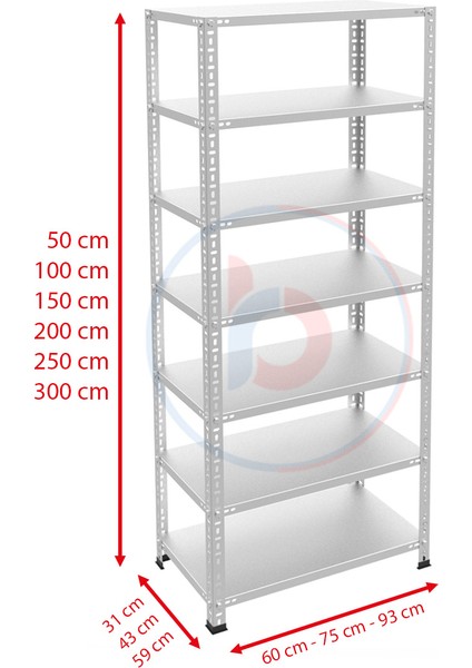 7 Katlı Galvaniz Çelik Raf - Depo, Arşiv, Kiler, Dosya, Market Rafı 59X75 CM-250 Cm-1.50 mm fiyatları