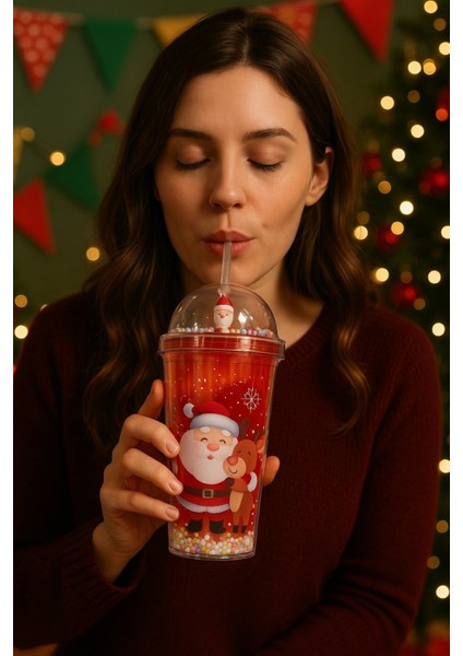 Kar Taneleri Altında Noel Baba ve Sevimli Geyik desenli Renkli Pipetli Kupa Bardak Suluk 450ML 2768A