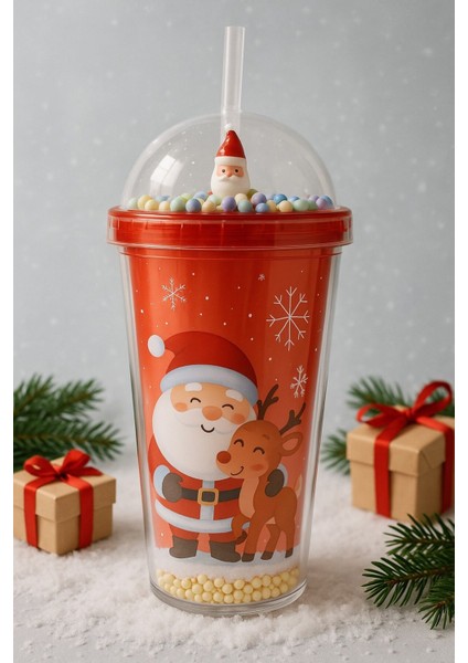 Kar Taneleri Altında Noel Baba ve Sevimli Geyik desenli Renkli Pipetli Kupa Bardak Suluk 450ML 2768A fiyatları