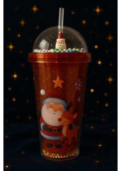 Kar Taneleri Altında Noel Baba ve Sevimli Geyik desenli Renkli Pipetli Kupa Bardak Suluk 450ML 2768A fırsatları