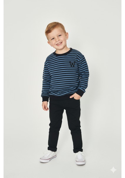 Erkek Çocuk Düşük Omuz 2-5 Yaş Çizgili Trend Premium Kalite Swetashirt - 1011