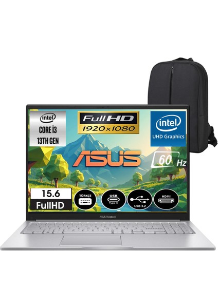 Vivobook 15 Intel Core I3-1315U 12GB 256GB SSD 15.6" Fullhd Windows 11 Taşınabilir Bilgisayar & Cimete Çanta