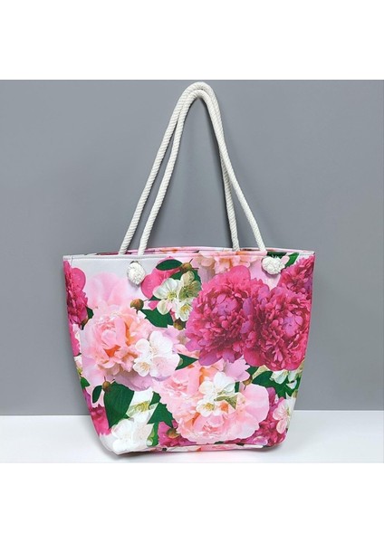Resveq Gül Desenli Plaj Çantası-Pembe