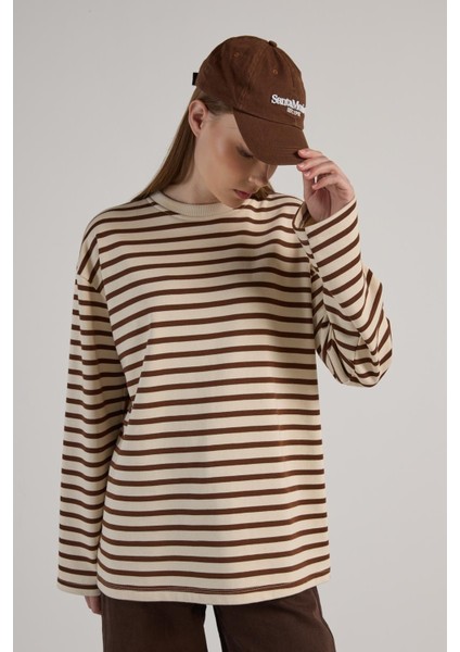 Kadın Çizgili Oversize Bordo Krem Sweatshirt 30010 fiyatları