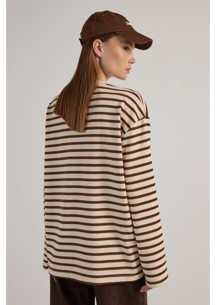 Kadın Çizgili Oversize Bordo Krem Sweatshirt 30010 modelleri