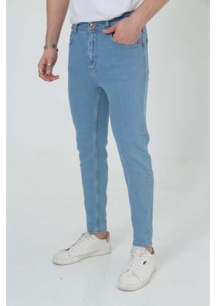 Erkek Likralı Jean Boyfriend Denim Açık Mavi Kot Pantolon