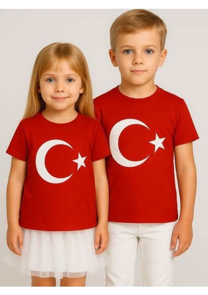 Çocuk Ay Yıldız Baskılı Yarım Kollu Pamuklu T-Shirt