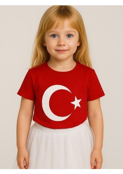 Çocuk Ay Yıldız Baskılı Yarım Kollu Pamuklu T-Shirt modelleri