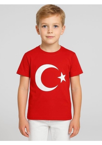 Çocuk Ay Yıldız Baskılı Yarım Kollu Pamuklu T-Shirt fırsatları