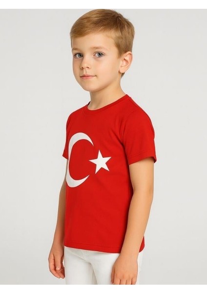 Çocuk Ay Yıldız Baskılı Yarım Kollu Pamuklu T-Shirt indirimleri