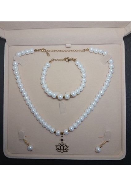 Inci Kolye Bileklik Küpe Set, Paslanmaz Çelik Lotus Çiçeği Altın Rengi