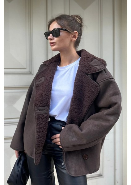 Kadın Oversize Içi Kürklü Süet Deri Mont - Içi Peluşlu Yumuşak Dokulu