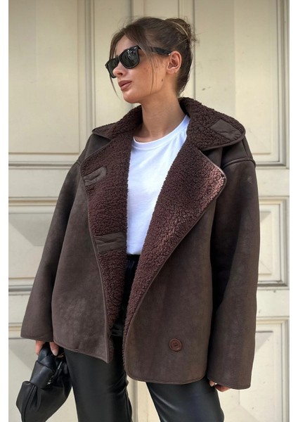 Kadın Oversize Içi Kürklü Süet Deri Mont - Içi Peluşlu Yumuşak Dokulu fırsatları
