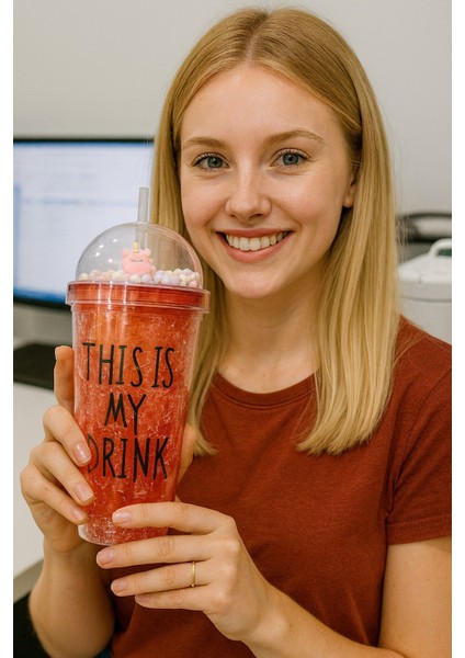 Sevimli Renkli Boncuklu Çılgın This Is My Drink Tasarım Pipetli Içecek Bardağı Suluk Kırmızı 2742