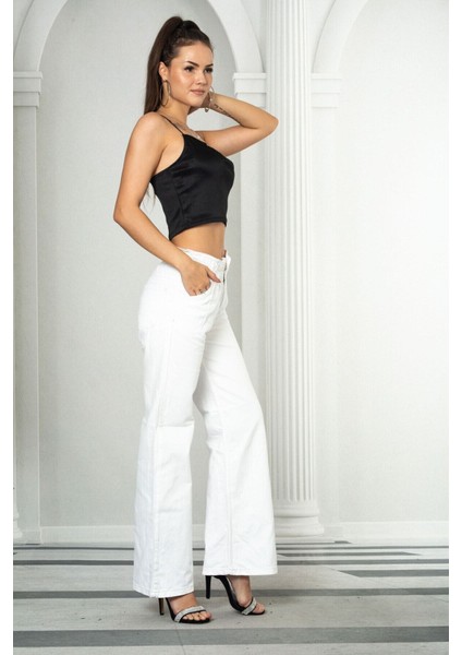 Kadın Beyaz Beli Lastikli Yüksek Bel Palazzo Jeans modelleri