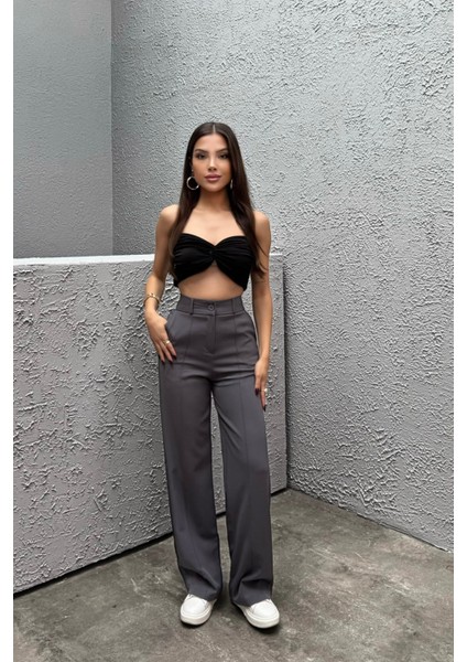 Kadın Yüksek Bel Likralı Geniş Paça Çımalı Pantolon