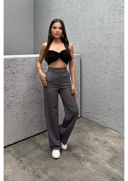 Kadın Yüksek Bel Likralı Geniş Paça Çımalı Pantolon