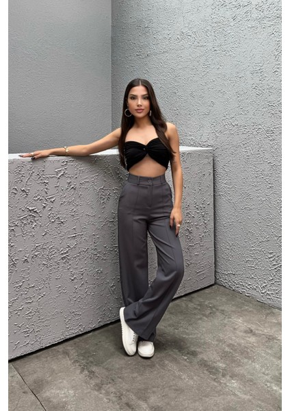 Kadın Yüksek Bel Likralı Geniş Paça Çımalı Pantolon