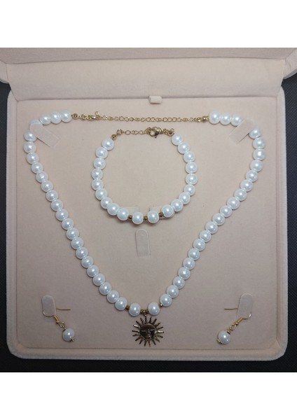 Inci Kolye Bileklik Küpe Set, Paslanmaz Çelik Istiridye Uçlu, Altın Rengi