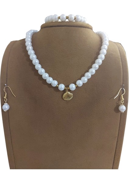 Inci Kolye Bileklik Küpe Set, Paslanmaz Çelik Istiridye Uçlu, Altın Rengi fiyatları