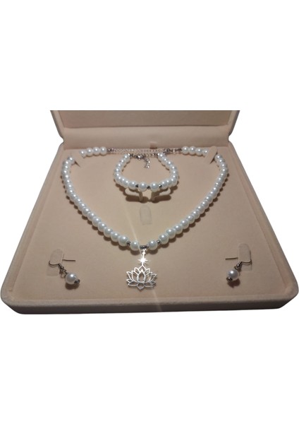 Inci Kolye Bileklik Küpe Set, Paslanmaz Çelik Lotus Çiçeği Gümüş Rengi Fatura Adı