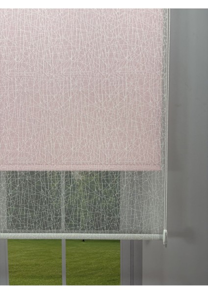 Olympos Serisi – Kırçıl Desenli Çift Mekanizmalı Beyaz Tül Pembe Stor Perde fiyatları