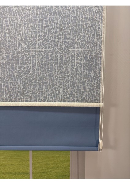 Olympos Serisi – Kırçıl Desenli Çift Mekanizmalı Beyaz Tül Mavi Stor Perde