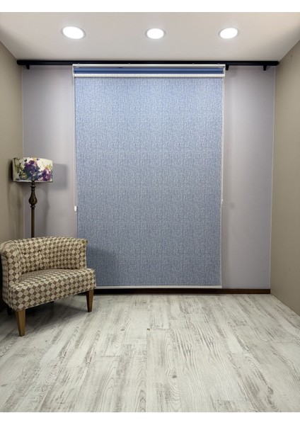 Olympos Serisi – Kırçıl Desenli Çift Mekanizmalı Beyaz Tül Mavi Stor Perde