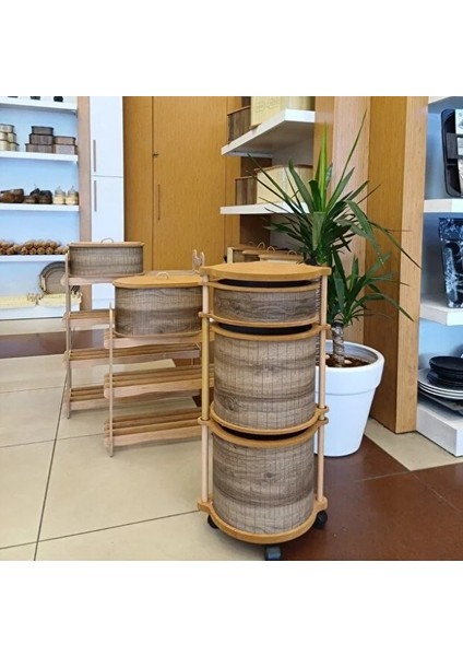Ahşap Yuvarlak Tekerlekli Kahve Sebzelik 3 Katlı Yana Açılır Patates Soğan Sarımsak