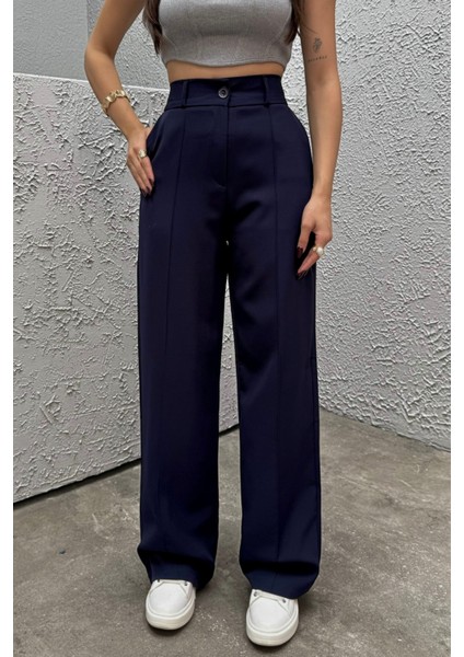 Kadın Yüksek Bel Likralı Geniş Paça Çımalı Pantolon