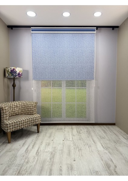 Olympos Serisi – Kırçıl Desenli Çift Mekanizmalı Beyaz Tül Mavi Stor Perde fırsatları