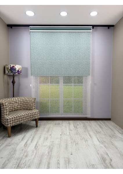 Olympos Serisi – Kırçıl Desenli Çift Mekanizmalı Beyaz Tül Petrol Yeşili Stor Perde fırsatları