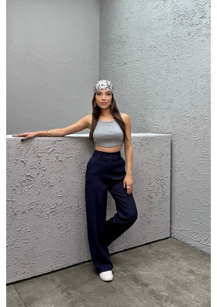 Kadın Yüksek Bel Likralı Geniş Paça Çımalı Pantolon