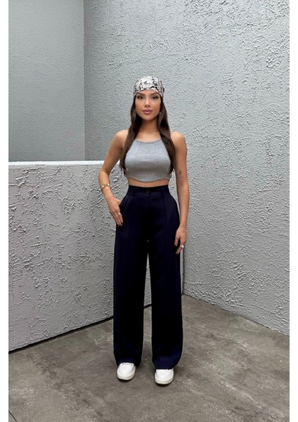 Kadın Yüksek Bel Likralı Geniş Paça Çımalı Pantolon