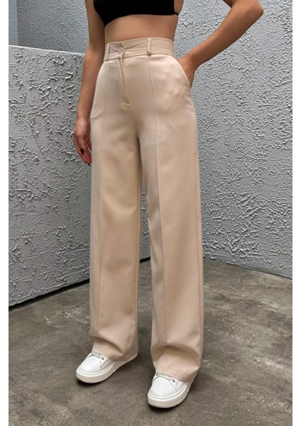Kadın Yüksek Bel Likralı Geniş Paça Çımalı Pantolon
