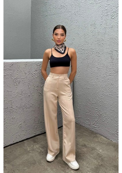 Kadın Yüksek Bel Likralı Geniş Paça Çımalı Pantolon