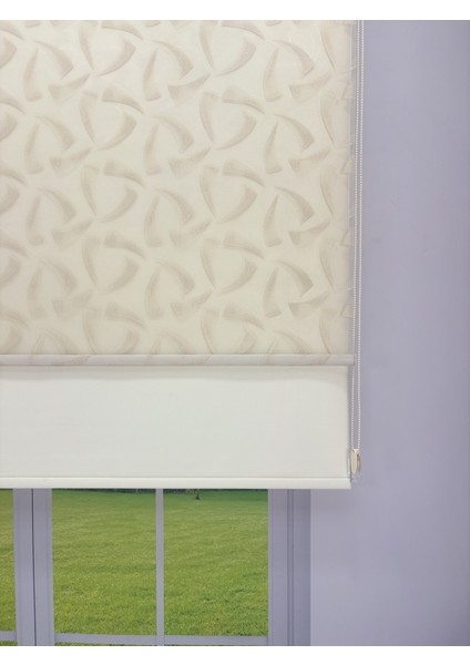 Nova Serisi – Üç Yaprak Desenli Çift Mekanizmalı Bej Tül Stor Krem Perde