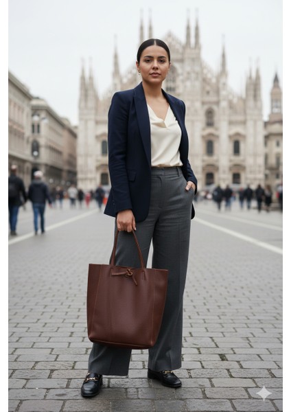 Kahve Renk Torba Stil Soft Deri Çanta - 40369 , Orijinal Deri , Bayan Çanta , Iç Cepli