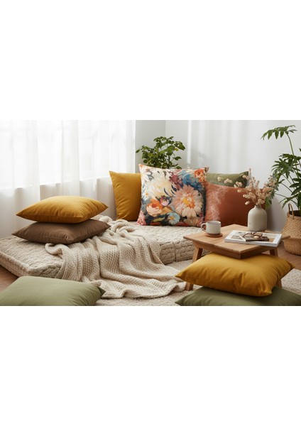 İçi Dolu Krep Örgü Üzerine Dijital Baskılı Kırlent 45x43 cm | Pembe Ağırlıklı Çiçekli Dekoratif Yastık indirimleri