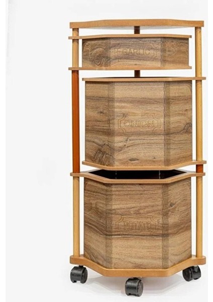 Ahşap Altıgen Tekerlekli Kahve Sebzelik 3 Katlı Yana Açılır Patates Soğan Sarımsak